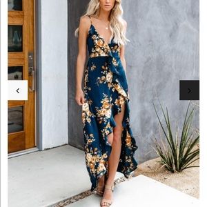 Capriccio satin floral ruffle maxi dress